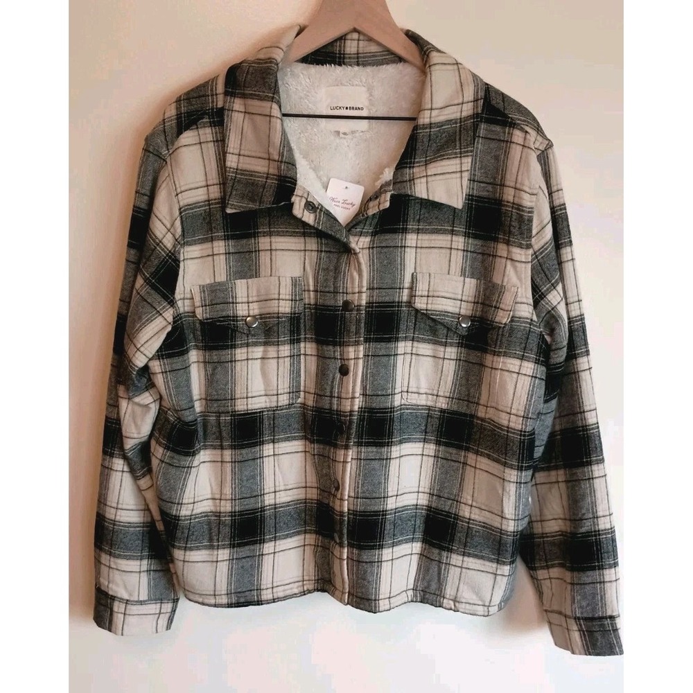 Lucky Brand Plaid Sherpa Lined Shacket Jacket Women's XL Black Cream NWT Soft